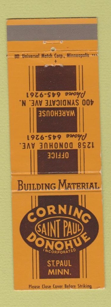 Matchbook Cover - Corning Donahue Building Materials St Paul MN lumber