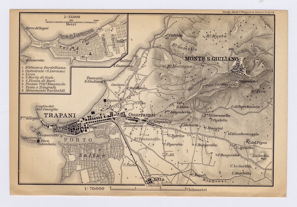 1900 Antique Map Of City Of Trapani And Vicinity  / Italy