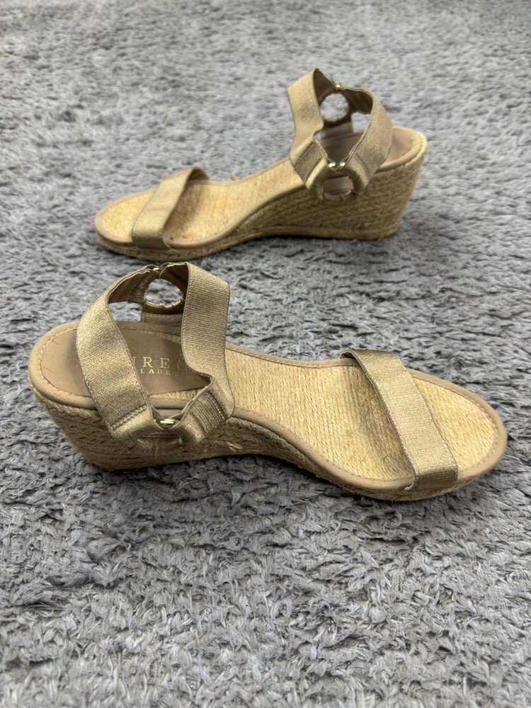 Ralph Lauren Sandals Women 8 B Wedge Beige Leather Strappy Open Toe Shoes