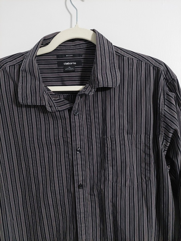 Claiborne Cotton Black Gray White Striped Button-Up Shirt Men's Long Sleeve XL