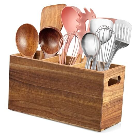 Acacia Wood Utensil Holder for Kitchen Counter - 3 Acacia-3 Compartment-image