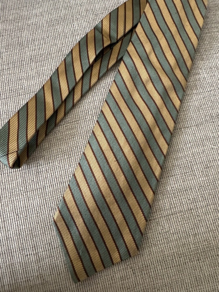 Brooks Brothers Maker's &Merchants Mens Tie stripe gold/ green Silk 3 3/8