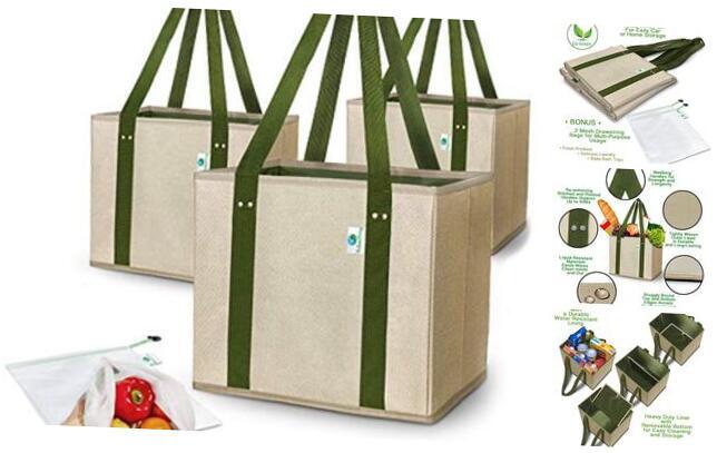 Reusable Shopping Bag Boxes | Set of 3 Reusable Grocery Totes | Premium
