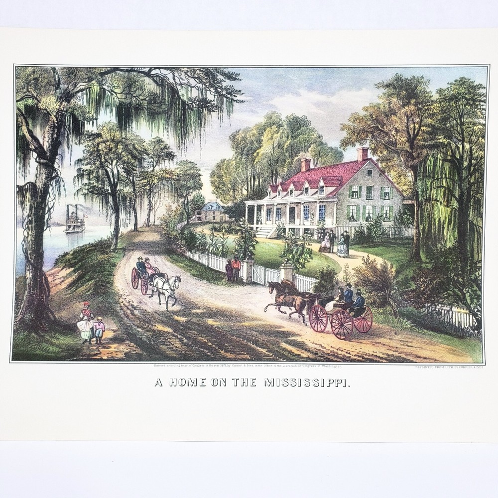 A Home On The Mississippi 1952 Lithograph Print Currier  & Ives 13 1/2