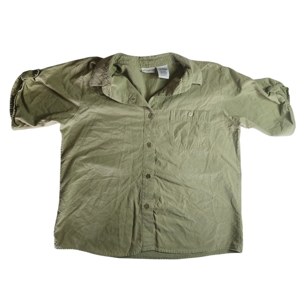 White Stag Women’s Green Button Down Shirt L 100% Cotton Short Sleeve Casual Top
