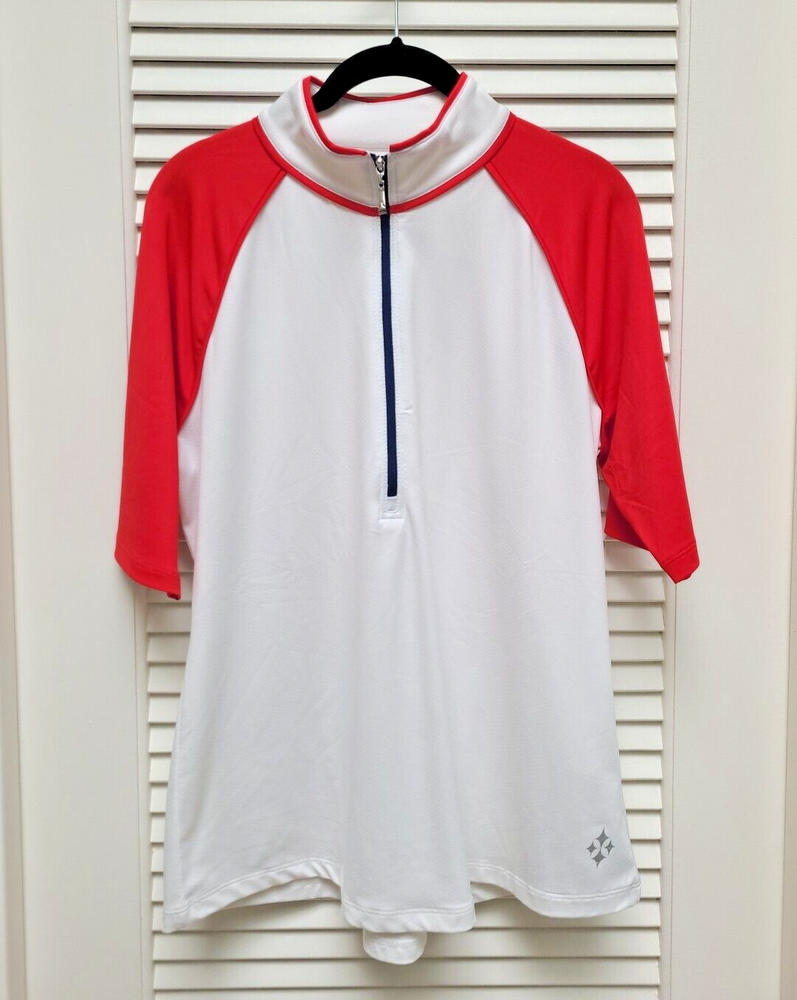 JoFit 1/2 Zip Polo Shirt Womens XL White Red Blue SS Golf Pickleball Tennis EUC
