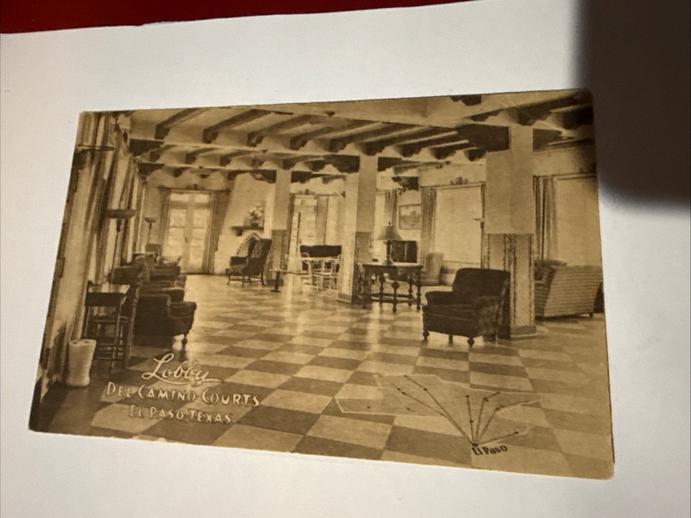 EL PASO, TX Texas ~ Lobby of DEL CAMINO COURTS  c1940s  Roadside  Postcard