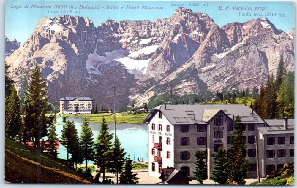 Postcard - Lake Misurina and Hotel Misurina, Dolomites  - Italy