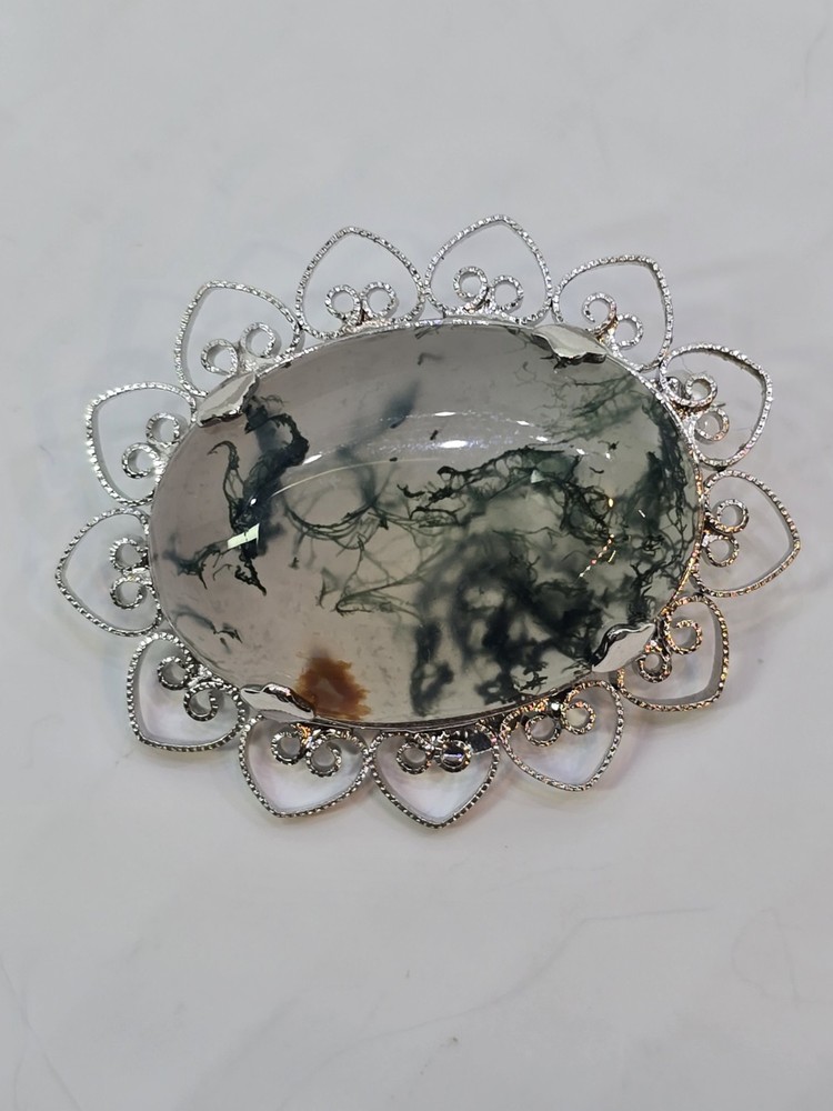 Moss Agate Brooch Silver Tone Brooch