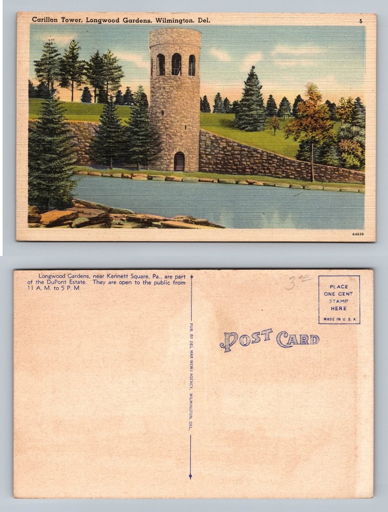 Wilmington, DE-Delaware, Carillon Tower Longwood Gardens View, Vintage Postcard
