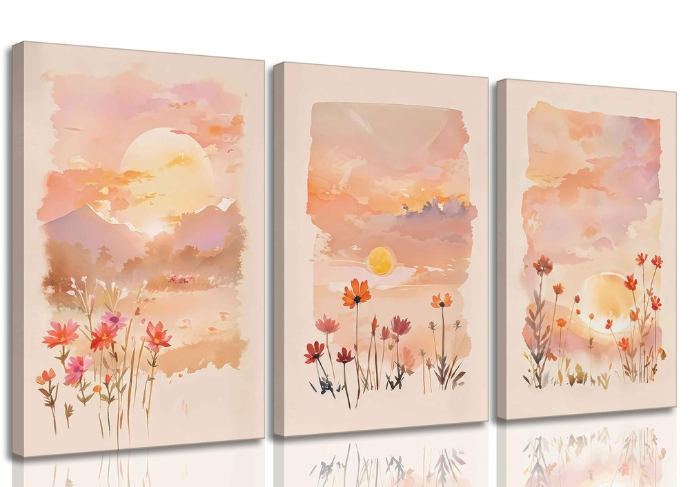 3 Pieces Sunrise Canvas Wall Art Blush Pink Wildflowers Floral and Orange Sun...