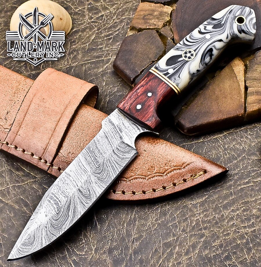 Damascus Steel Hunting Skinner Knife with White Swirl Resin Handle