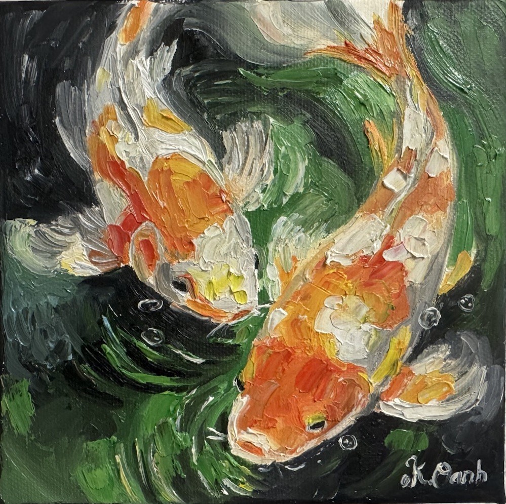 ORIGINAL OIL PAINTING KOI FISHES ON STRETCH CANVAS SIGNED 6x6