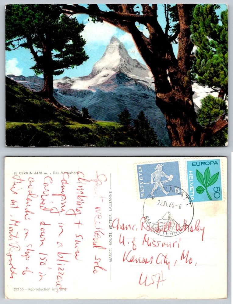 Vintage Matterhorn Switzerland Postcard Le Cervin Zermatt 1965 Postmark