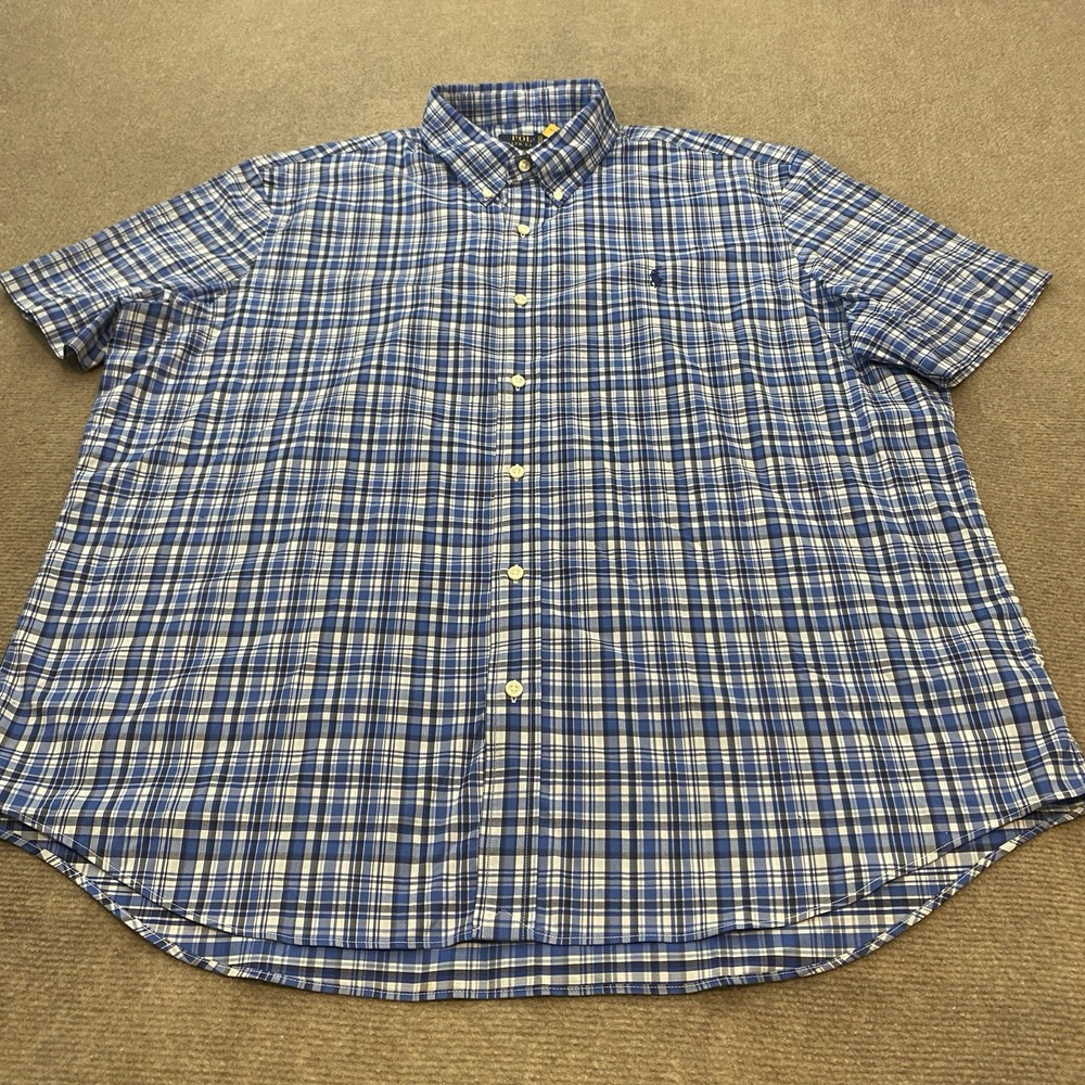 Polo Ralph Lauren Shirt Mens 2XL Blue White Plaid Short Sleeve Stretch Nylon