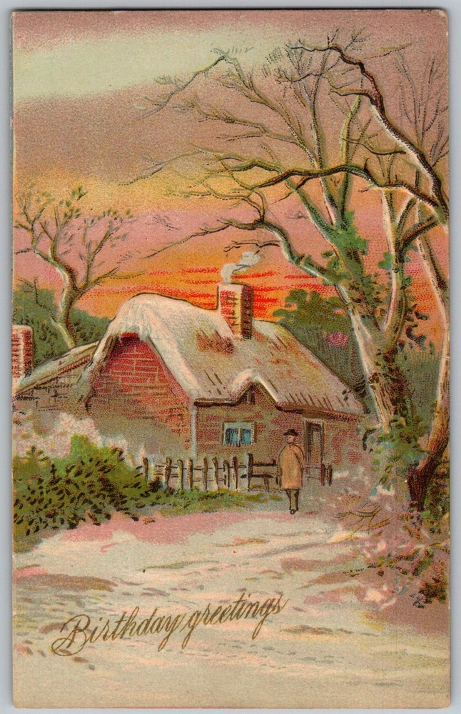 Antique Postcard Thatched Cottage Birthday Scene Alexis, IL 1910s