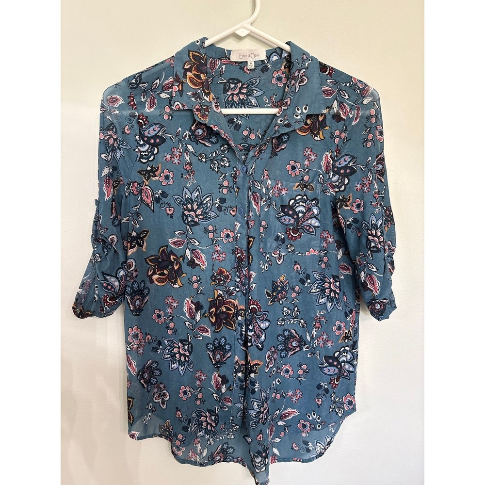 Eden & Olivia M Blue Floral Button Front Blouse Roll Tab Sleeve Boho