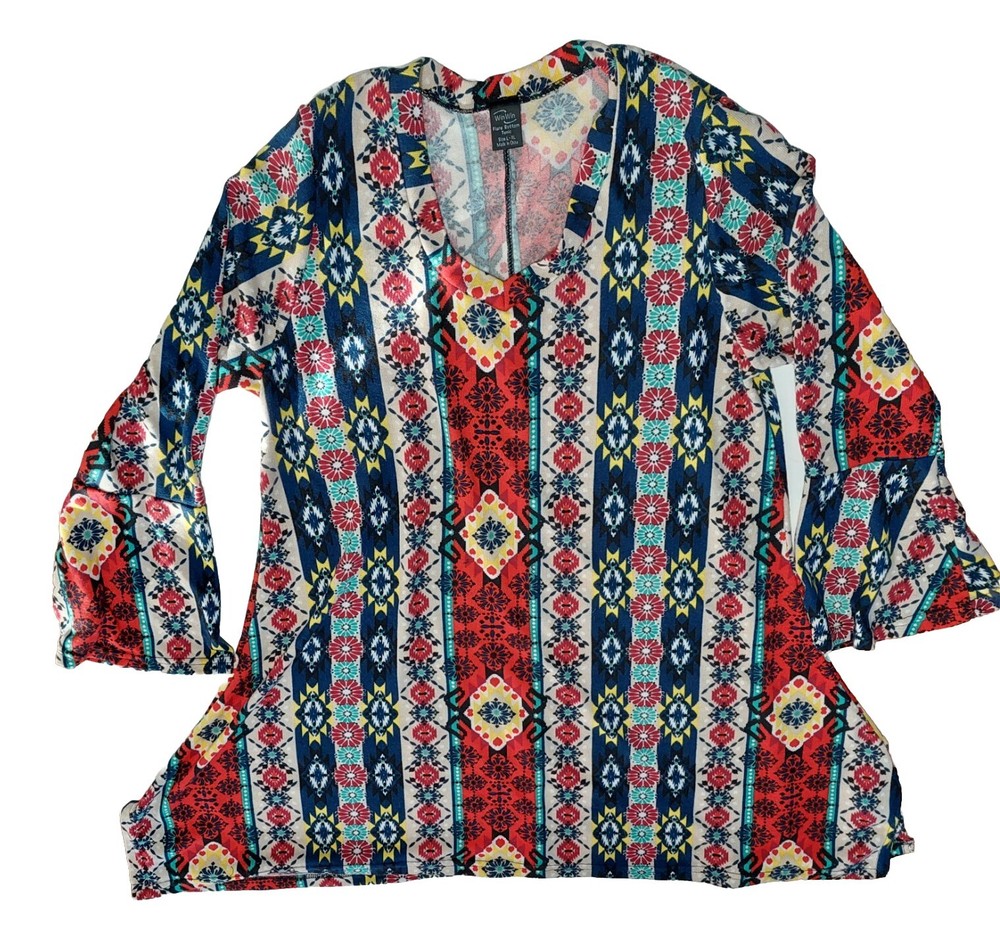 Win Win Women's Tunic Size Large Multi Color Flare 3/4 Bell Sleeves Winwin
