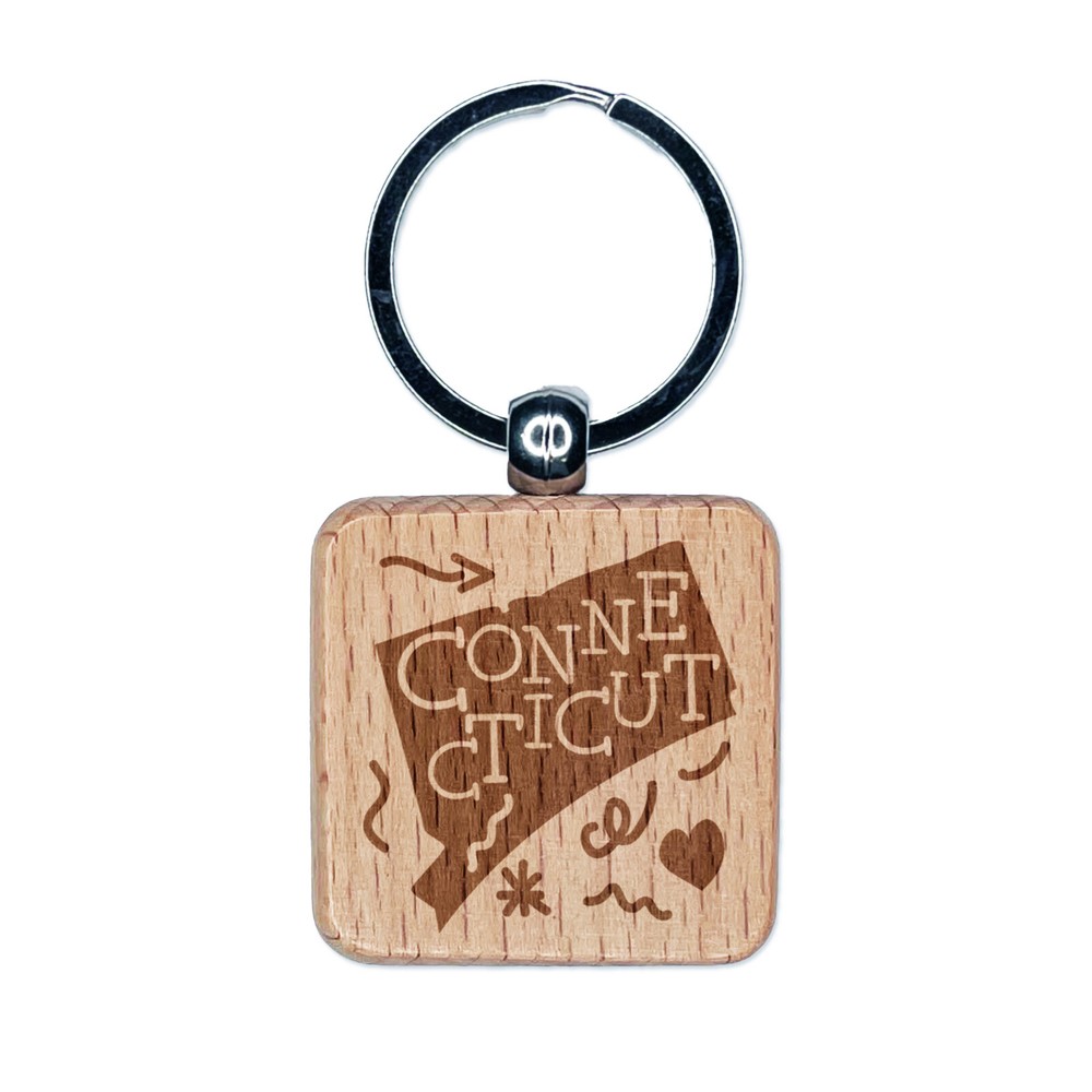 Connecticut State with Text Swirls Engraved Wood Square Keychain Tag Charm