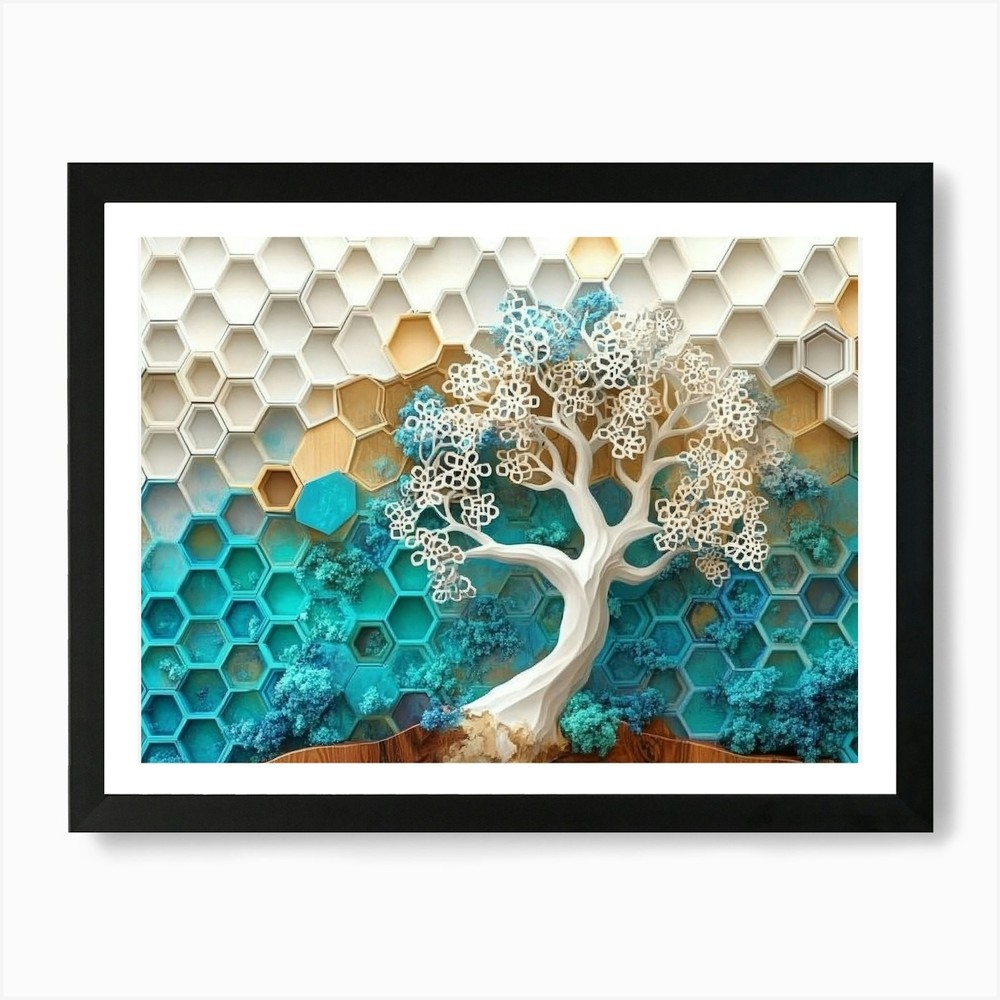 White Lattice and Ethereal Tree On  Framed Wall Art Poster Canvas Print Picture