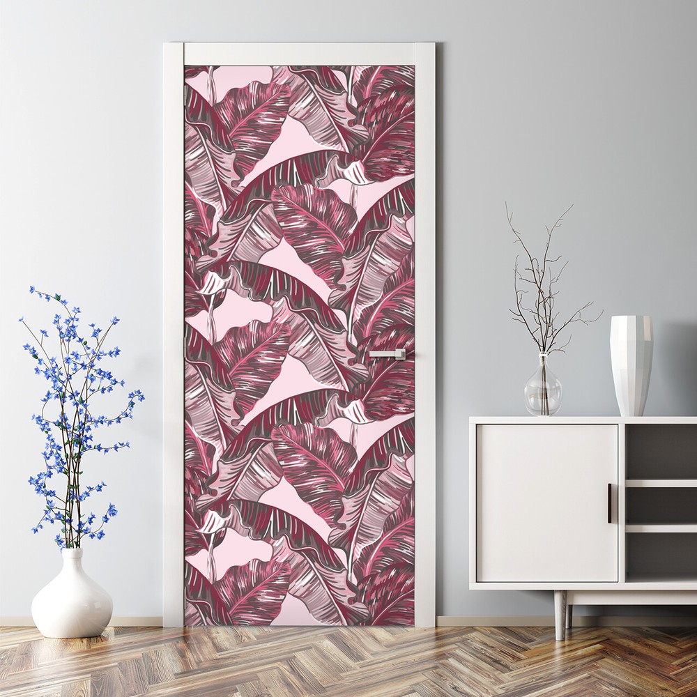 Pink Tropical Palm Leaves paper Banana Leaf Covering Bubble Free  Door Decal