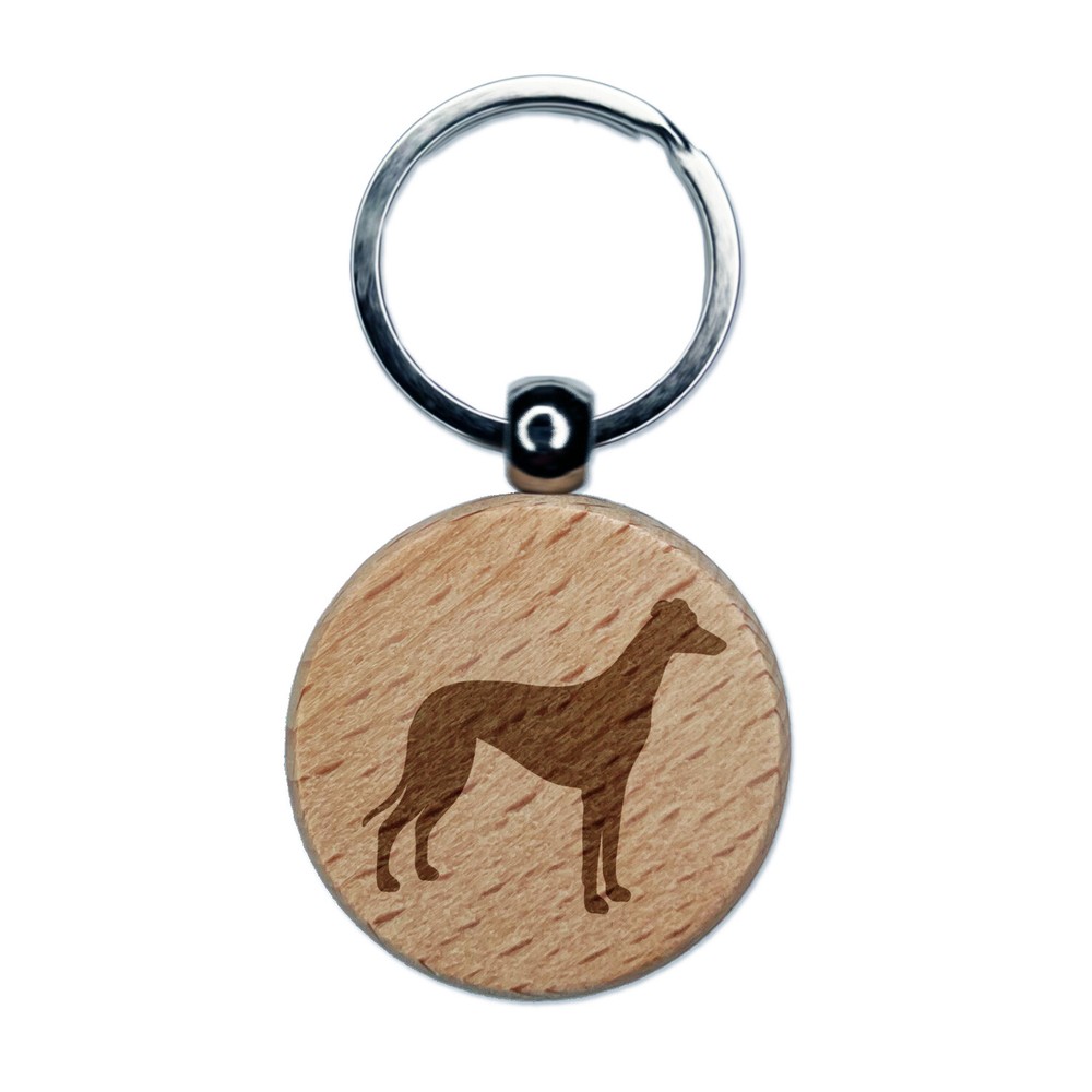 Greyhound Dog Solid Engraved Wood Round Keychain Tag Charm