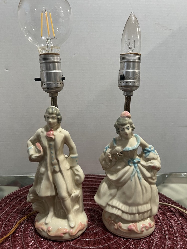 2-Vintage Porcelain Victorian Couple Figural Lamps Pair Tested  And Work
