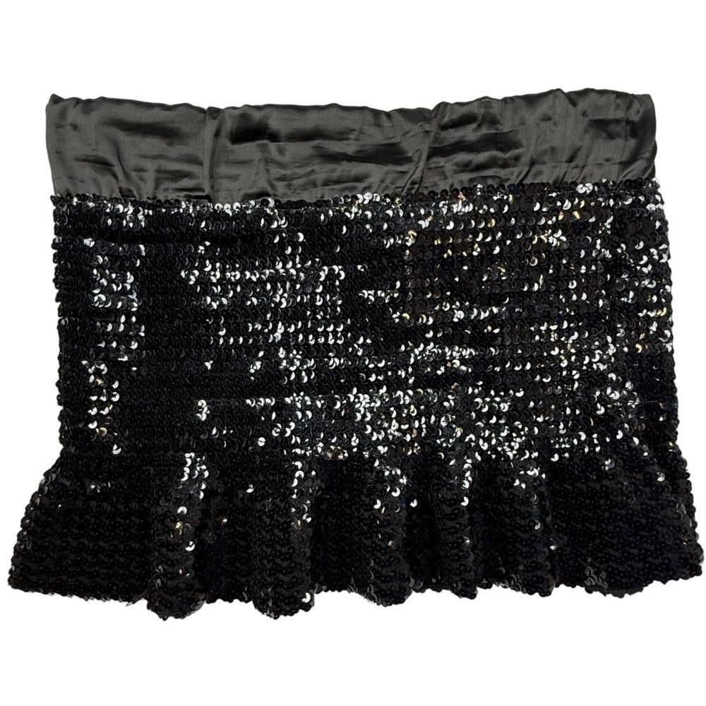 VTG Black Sequin Mini Skirt Ruffle Hem Satin Waist Large USA party glam Y2K
