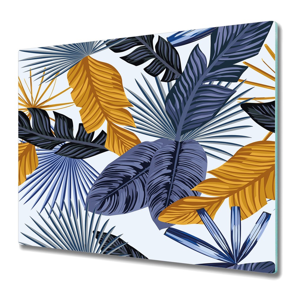 Glass Kitchen Chopping Board Blue Palm Leaves Exotic Style Gold Leaf 60x52