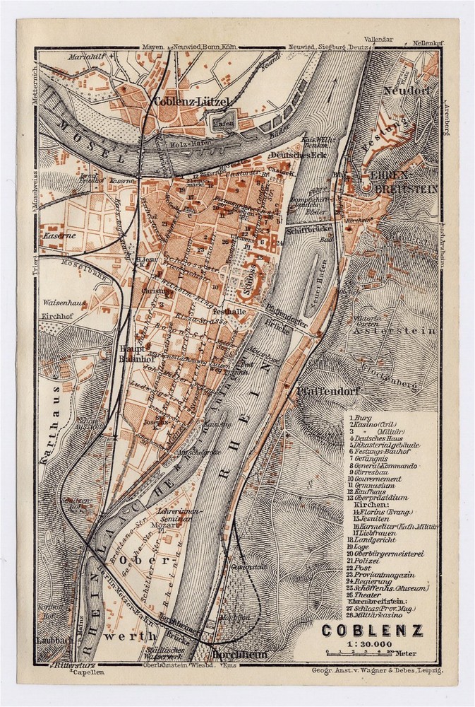 1911 Original Antique Map Of Koblenz / Germany
