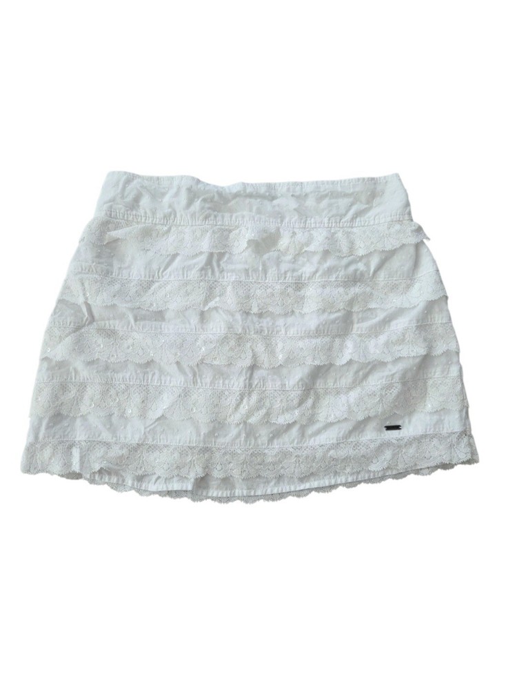 Hollister White Lace Tiered Mini Skirt M Boho Stretch Waist Sequin Y2K Cute NEW