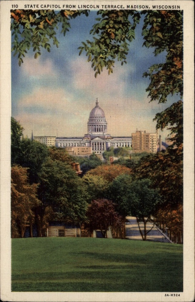 Madison Wisconsin State Capitol building aerial mailed 1936 linen postcard