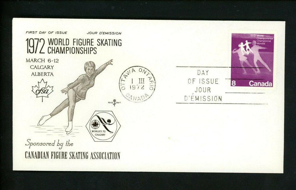 Postal History Canada Rose Craft FDC #559 World Figure Skating Championship 1972