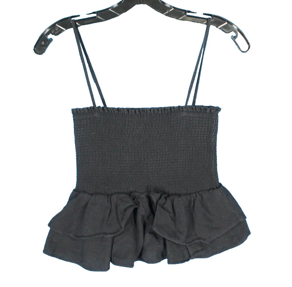 ZARA Stretch SMOCKED Black RUFFLE LINEN Sleeveless CROPPED PEPLUM Tank Top Sz M