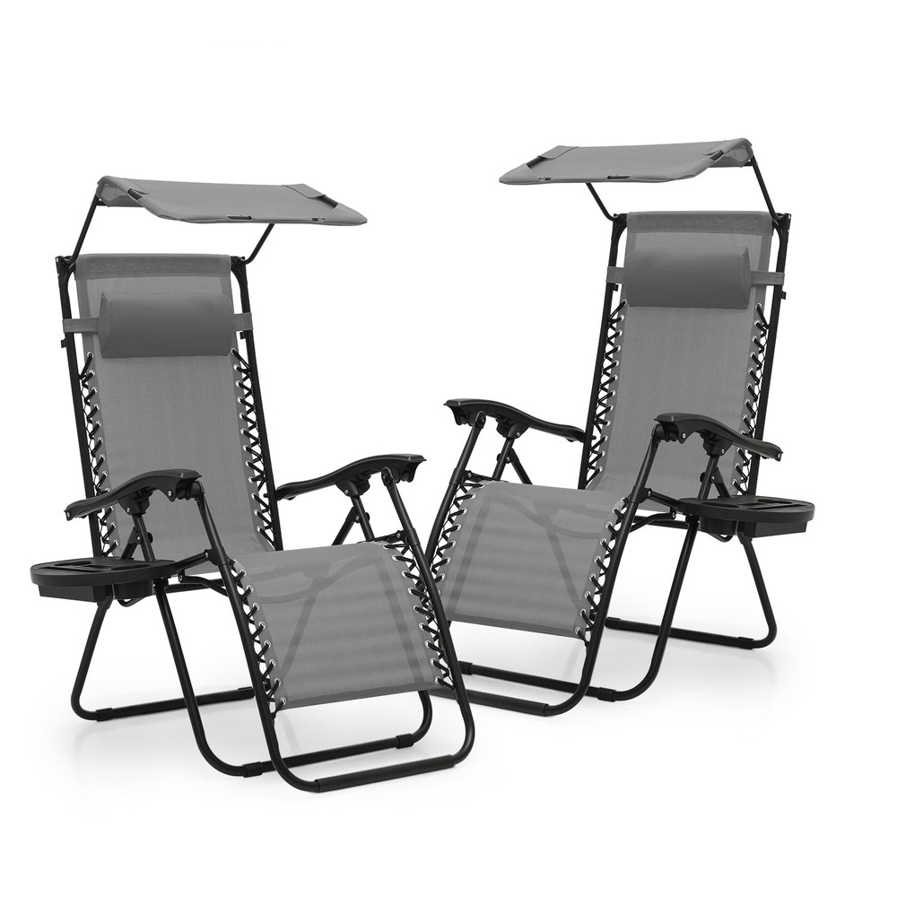 2 Reclining Patio Lounge Chairs with Cup Holder & Pillow Fabric