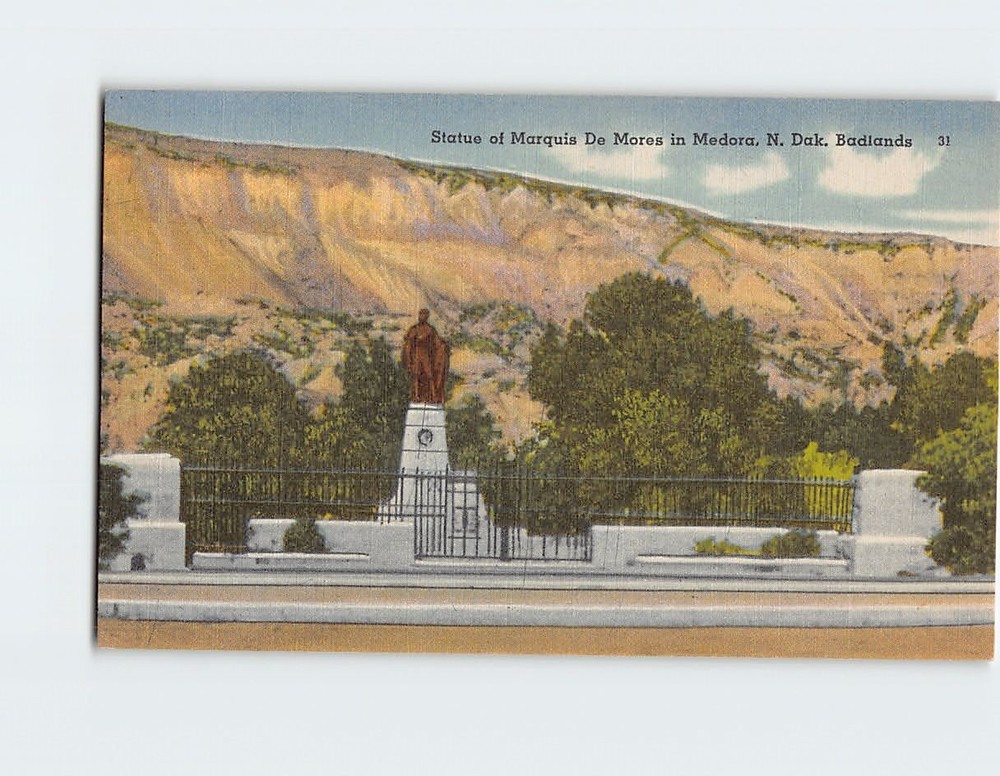 Postcard Statue of Marquis De Mores Badlands in Medora North Dakota USA