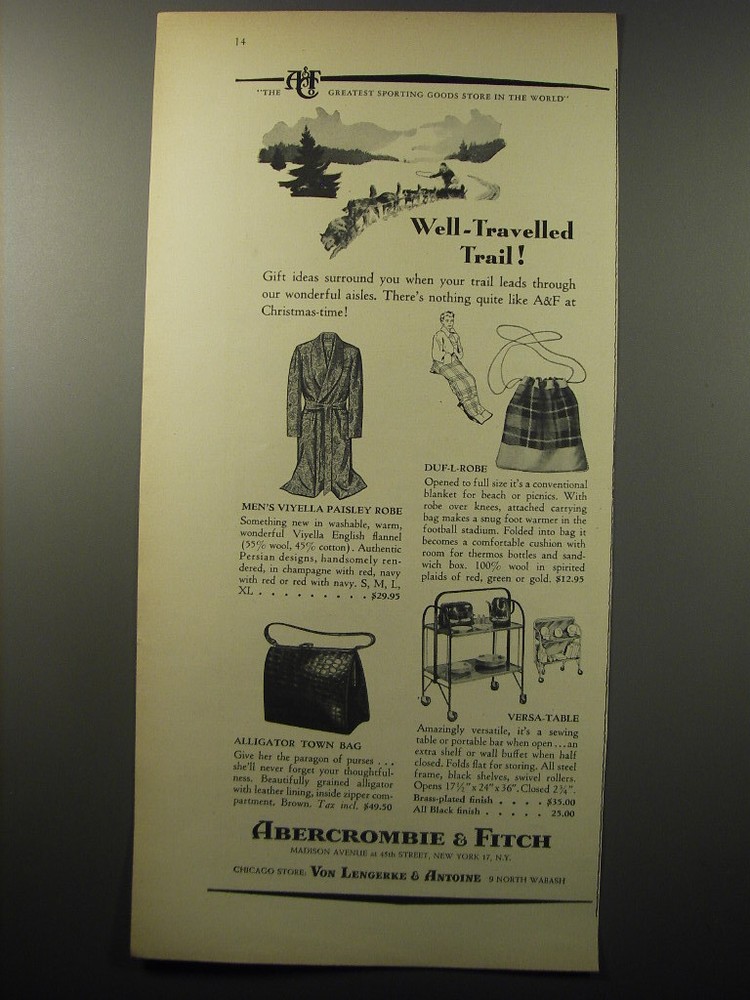 1955 Abercrombie & Fitch Ad - Viyella Paisley Robe; Duf-L-Robe; Alligator Bag