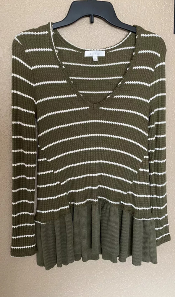 ERI & ALI Anthropologie Green White Striped Oversized Long Sleeve Thermal XS
