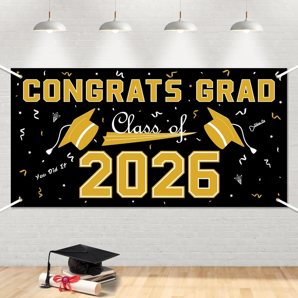 2026 Graduation Decorations - Black Gold Polyester Graduation Backdrop - Graduat