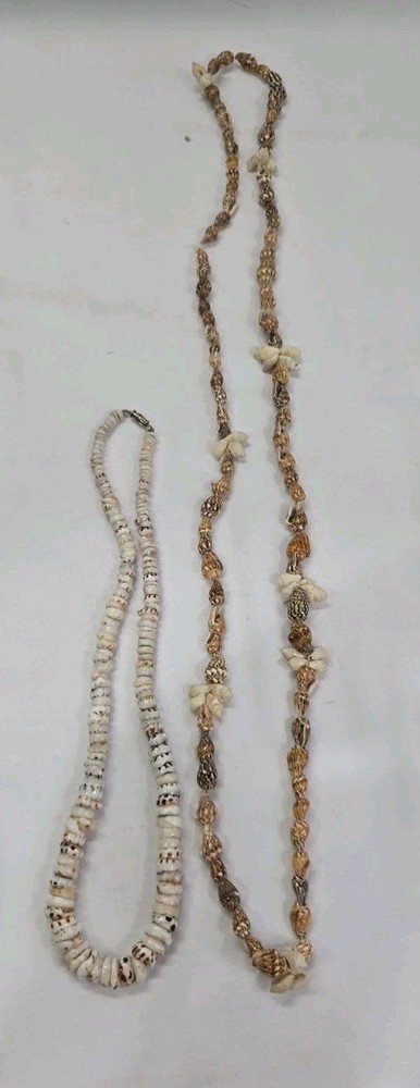 Vintage Lot of 2- White Shell Hawaiian Style Leis w/ Cockle, Cowrie + Shells
