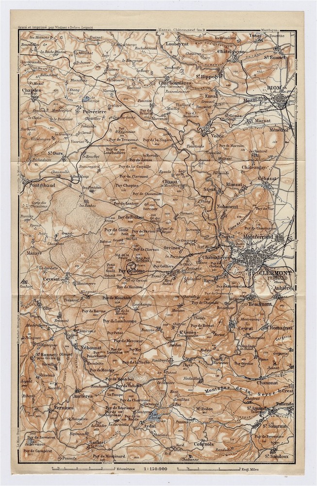 1914 Original Antique Map Of Vicinity Of Clermont-Ferrand / Auvergne / France