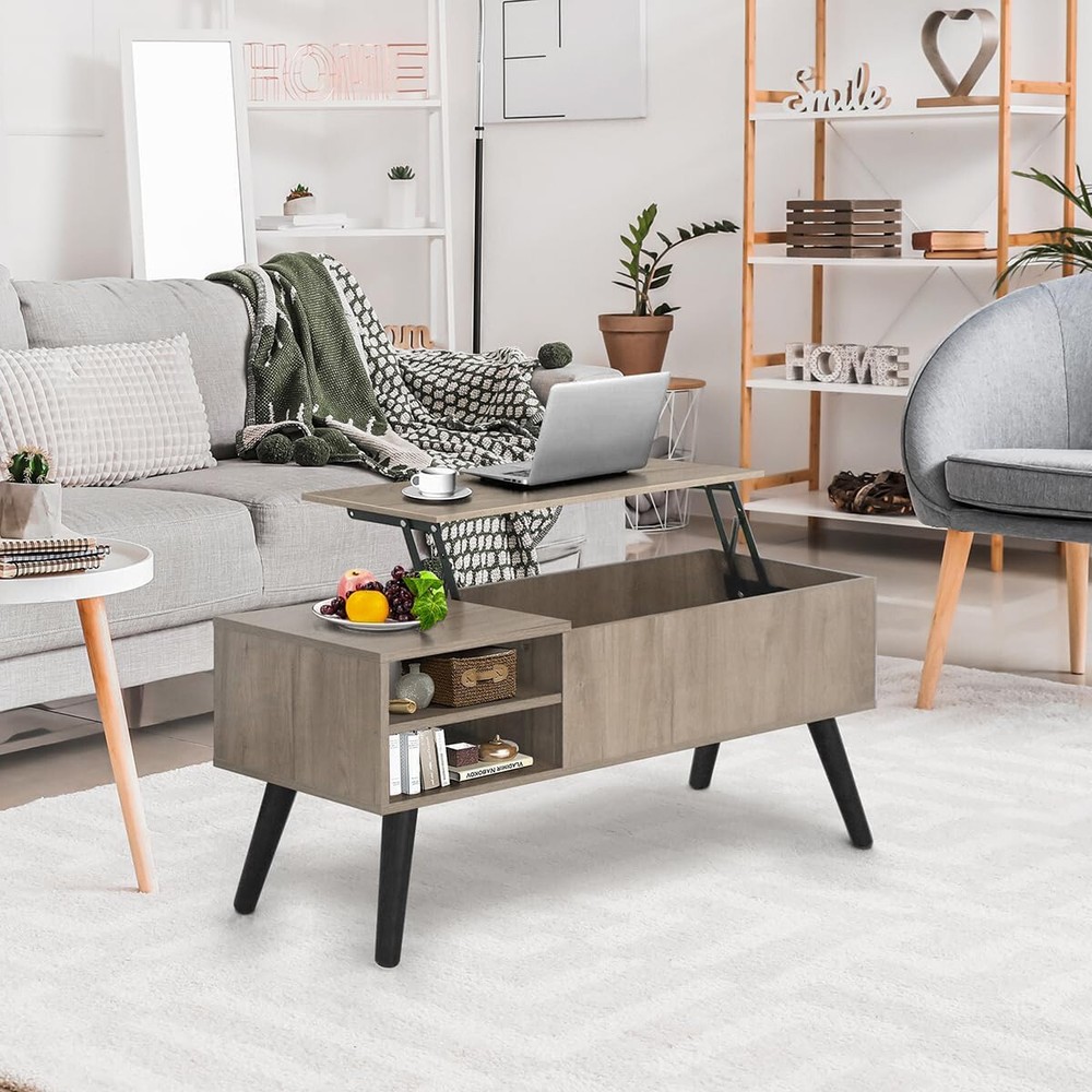 2 Tier Round Lift Top Coffee Table with Hidden Storage Compartment Home Office