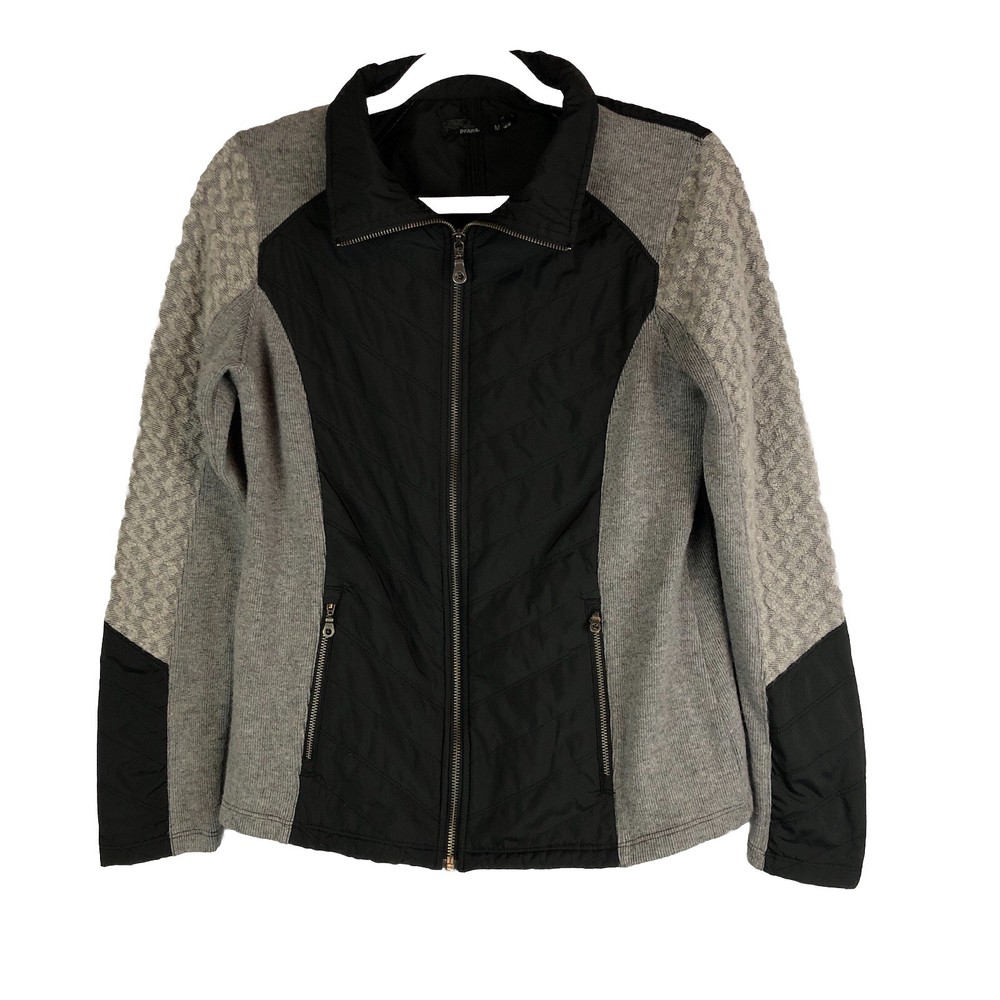Prana Womens Medium Black Quilted Full Zip Jacket Top Long Sleeve Pockets FLAW