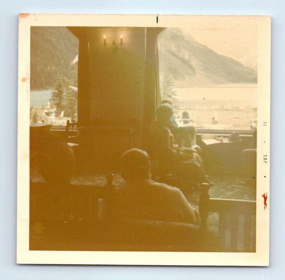 Old Vintage Square Color Photo MOUNTAIN RESORT LOBBY SNAPSHOT 1971