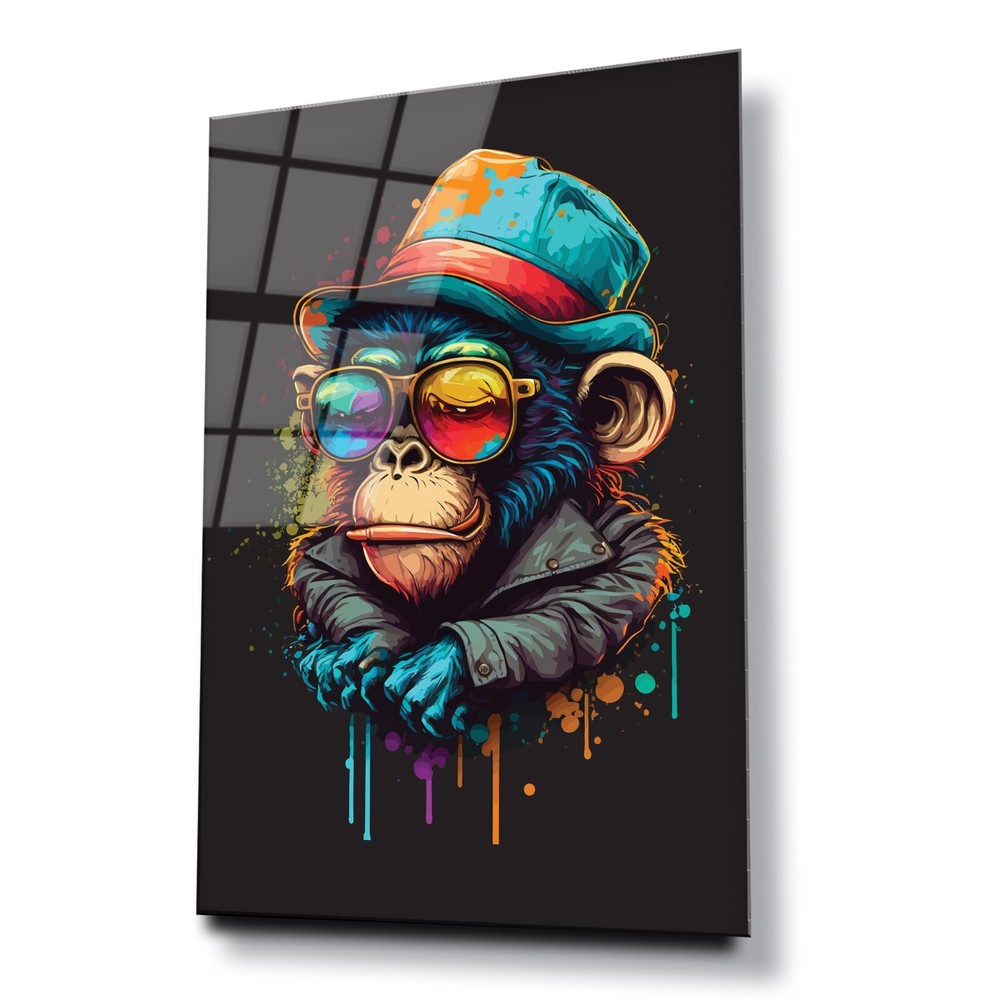 GLASS WALL ART POSTER Digital PrinMONKEY GRAFFITI NEON ABSTRACT BLACK BACKGROUND-image