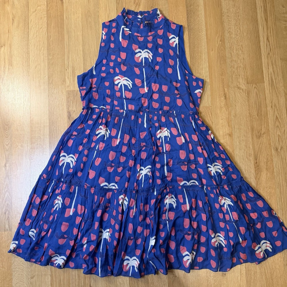 Oliphant Silk/Cotton Blue Pink Palm Abstract High Neck Skirt Midi Dress Sz Small-image