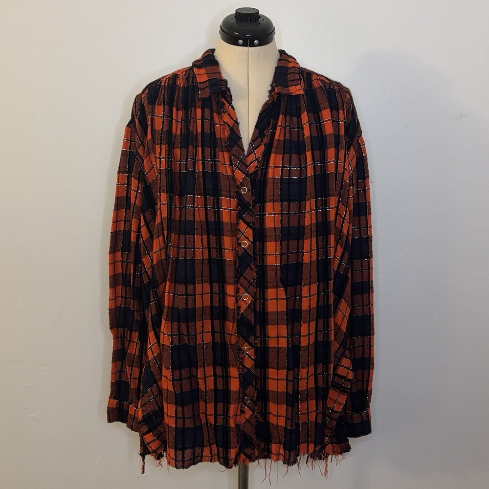 Free People We The Free Lela Metallic Plaid Flannel Shirt, Orange & Blue Tunic M