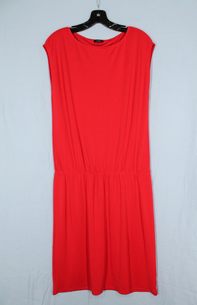 TALBOTS Stretch POLY-KNIT Sleeveless RED Gathered DROP WAIST Shift Midi Dress M
