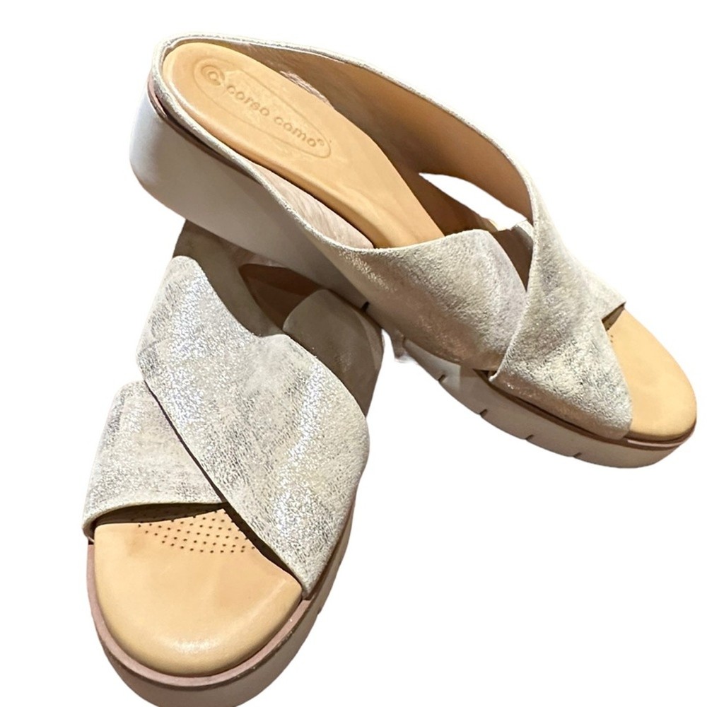 Corso Como Womens Size 10 Metallic Leather Crossover Slide Sandals