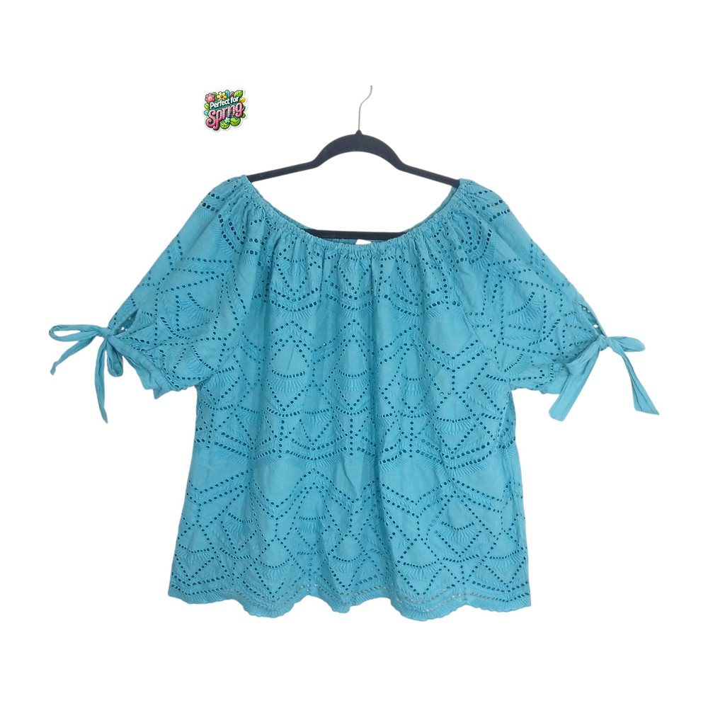 Sundance Eyelet Peasant Top M Blue Cotton Off Shoulder Tie Sleeve Blouse